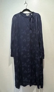 Vince Midi Dress Women’s Large Navy Satin Jacquard Floral Print Long Sleeve READ - Picture 1 of 8