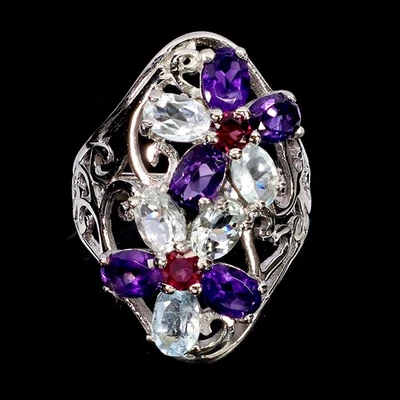 Anillo de plata de ley 925 ovalado aguamarina amatista rodolita piedras preciosas joyería 9 Foto 1 de 4