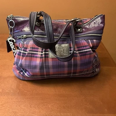 COACH 15886 RARE  Poppy Tartan Glam Tote Purple Shoulder Bag SUPER CUTE - Image 1 of 4