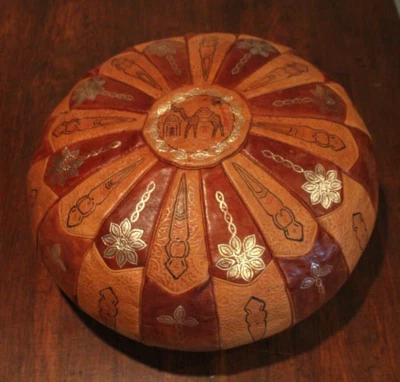 Vintage MCM Middle Eastern Embossed & Silver Gilt Leather Hassock Ottoman Pouf - Image 1 of 4