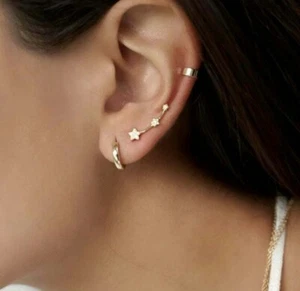 Diamond Flower Ear Cuffs 14K Solid Gold Handmade Cuff Earrings For Women/Wife. - Picture 1 of 24