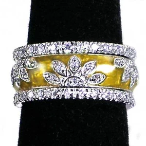 3-RING SET_YELLOW-GOLD ENAMEL FLORAL CZ BAND RINGS_SZ-9__925 Sterling Silver - Picture 1 of 9