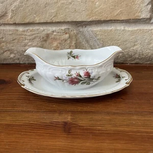 Royal Rose Fine China Gravy Boat with Attached Underplate Pink Flowers Gold Trim - Picture 1 of 20