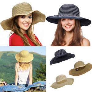 Tirrinia Floppy Straw Sun Hat for Women Striped Foldable Beach Cap Wide Brim - Picture 1 of 54