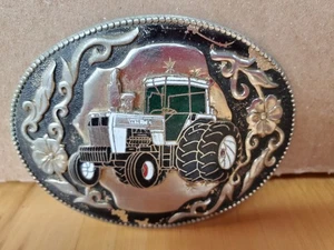 Hebilla de cinturón de metal vintage floral blanco tractor agrícola - Imagen 1 de 5