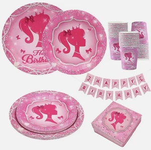 Hot Pink Princess Barbie Inspired Birthday Party Set For 24 Plates Napkins Forks - Picture 1 of 5