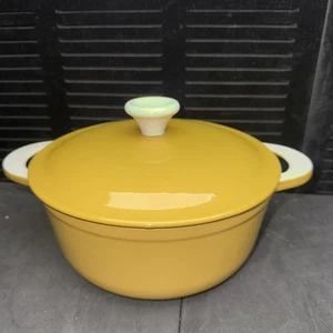 Vintage Descoware Belgium Cast Iron Enamel Dutch Oven 2 Q/4 Qt RO-6 Round Yellow - Picture 1 of 9