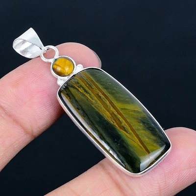 Colgante hecho a mano ojo de tigre enchapado en plata 925 de 2,09" Foto 1 de 3