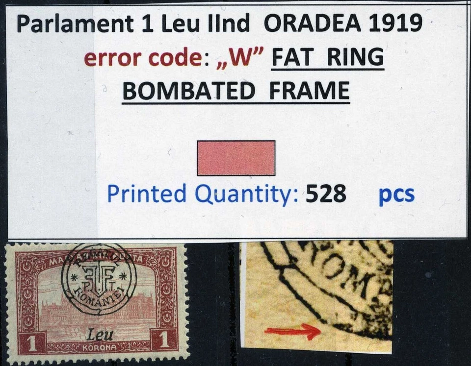 Romanian Hungary 1919 ORADEA Parlam.IInd  ERROR Fat Ring , MNH, OG, GENUINE - Image 1 of 1
