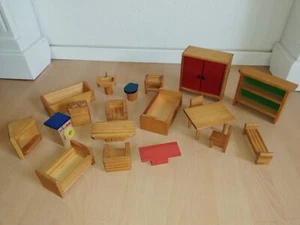 Original 70er zwei blaue Holz Puppenstuben Spielform Waldorf mit Möbeln, Figuren - Bild 1 von 9