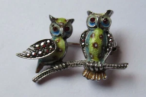 Vintage unsignierte Alice Caviness Sterlingsilber Emaille Doppel Eule Anstecknadel Brosche - Bild 1 von 5