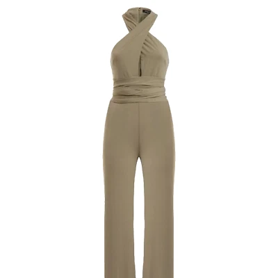 GUESS Khaki Green Cross-Front Halter Jumpsuit w/ Wrap-Around Waist Ties, NWOT! - Image 1 of 4