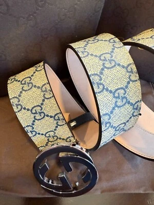 Cinturón Gucci GG Supreme Lona Cuero Beige-Azul Talla 90 cm, Se Ajusta Cintura 30/32 Foto 1 de 4