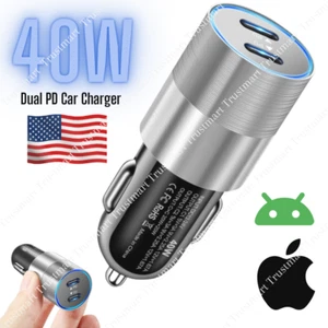 Dual Type C PD Fast Charging 40W Car Charger Adapter For iPhone 14 13 12 11 Pro - Picture 1 of 12