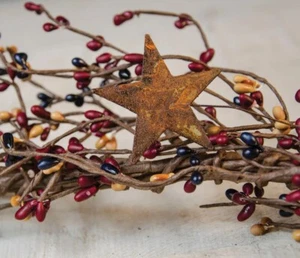 40" Pip Berry Garland w/ Rusty 2" Stars - NAVY BURGUNDY GOLD - Colonial Mix - Picture 1 of 2