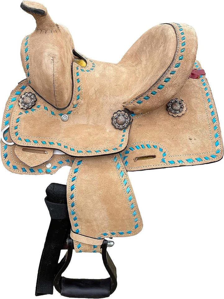 Kids Youth Rough Out Leather Turquoise Buckstitch Barrel Western Horse Tack Set - Image 1 of 1