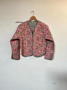 Large Indian Pink Floral Printed Cotton Quilted Jacket Vintage Reversible Jacket - Picture 1 of 8