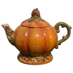 Pumpkin Shaped Ceramic Teapot With Acorn Lid Autumn Thanksgiving Fall Decor - Bild 1 von 21