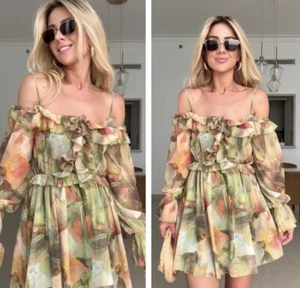 ZARA NEW OFF SHOULDER FLORAL MINI DRESS LARGE UK 12-14 - Picture 1 of 17