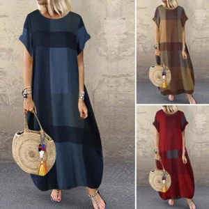Women Short Sleeve Check Plaid Long Dress Short Sleeve Casual Loose Maxi Dresses - Picture 1 of 12