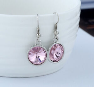 Women Jewellery Silver Round Crystal Rhinestone Dangle Hook Earrings Pink