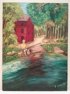 1950's POLISH AMERICAN F SOWINSKI Sd ORIG O/C MODERNIST FISHING LANDSCAPE - Picture 1 of 9