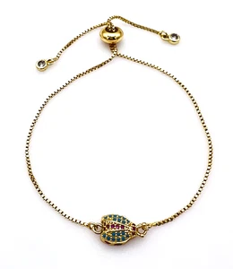 Gold Plated Pave Red Ruby Blue Spinel Ladybug Box Chain Bolo Bracelet - Picture 1 of 13