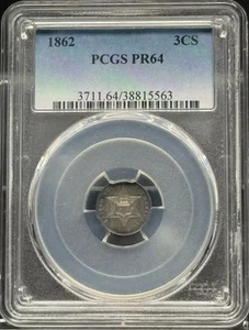 1862 Three Cent Silver Piece, Trimes PCGS PR-64 Rainbow Toning - Picture 1 of 2