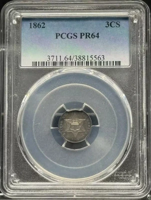 1862 Three Cent Silver Piece, Trimes PCGS PR-64 Rainbow Toning - Image 1 of 2