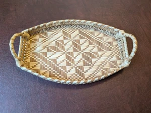 Vintage Handwoven Oval Basket Tray with Handles Natural Wicker Rattan Boho 14x8 - Picture 1 of 8