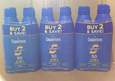 Coppertone Sport 4-in-1 Performance SPF 50 Sunscreen Spray 5.5 oz 11/2025, 6CANS - Изображение 1 из 3