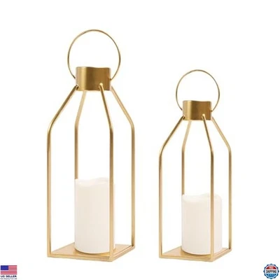 Modern Farmhouse Gold Metal Candle Lanterns w/Timer Flickering Candles Decor - Image 1 of 4