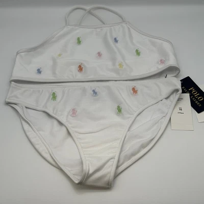 Polo Ralph Lauren Girls Watch Hill White 2 piece Swimsuit sz 16 Allover Pony NWT - Image 1 of 4