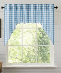 New French Country Cottage Farmhouse BLUE CHECK CAFE SWAGS Curtains 36" - Picture 1 of 2