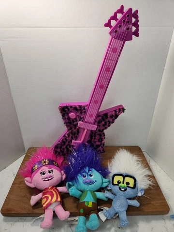 DREAMWORKS Trolls World Tour Toy Lot 3 Troll Plush Dolls & Poppys Musical Guitar Cover