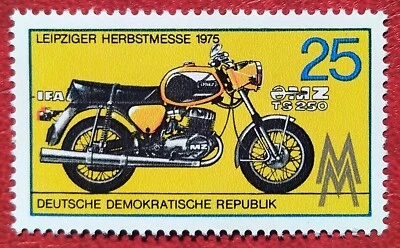 Sello RDA feria motocicleta IFA MZ TS 250 VEB fábrica de motocicletas Zschopau 1975 - Imagen 1 de 2