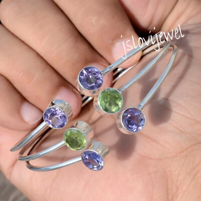 Faceted Amethyst & Peridot Cut Gemstone 925 Sterling Silver Sparkling Bangle - Image 1 of 4