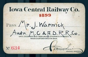 IOWA CENTRAL RAILWAY CO #634 annual railroad pass 1899 - Picture 1 of 3
