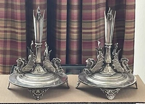 Pair Art Deco Mythological Pegasus Winged Horses & Dragon Candle Holders - Picture 1 of 14