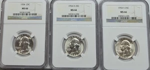 1954 P, 1954 D, 1954 S, Date Run Set Washington Quarter NGC "MS-66 Silver  A-335 - Picture 1 of 13