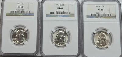 1954 P, 1954 D, 1954 S, Date Run Set Washington Quarter NGC "MS-66 Silver  A-335 - Image 1 of 4