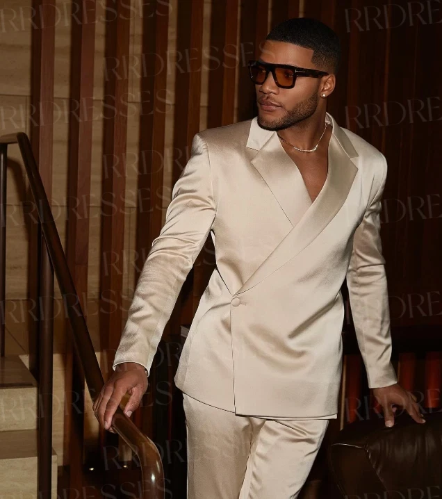 Traje de fiesta para hombre de seda satinado graduación noche 2 piezas color personalizado informal chaqueta blazer Foto 1 de 4