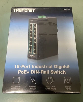 NEW TRENDnet TI-PG160, 16-Port  Industrial Gigabit PoE+ DIN-Rail Switch - Image 1 of 3