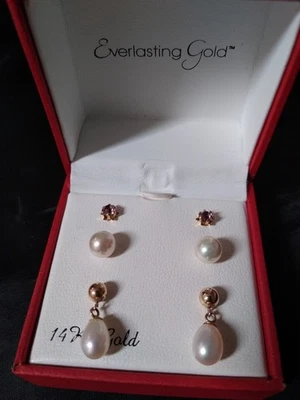 3双14k黄金柱珍珠悬垂柱Amythest耳环  — 第 1/3 张图片