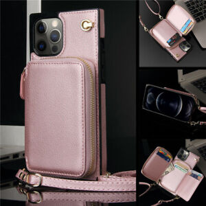 For iPhone 14 13 12 Pro XS Max XR 8 7 Zipper Crossbody Leather Wallet Case Cover