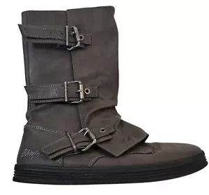 Blowfish Biker Boots Womens - See Measurements Gray Leather Mid Calf Flat Buckle - Picture 1 of 11