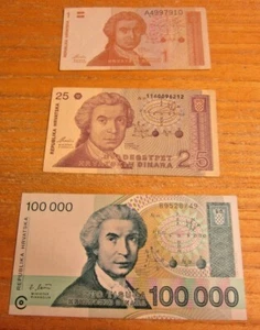 Lote de 3 billetes diferentes dinares croatas (1991-1993) moneda de colección - Imagen 1 de 2