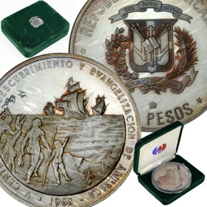REP DOMINICANA 100 Pesos 1988 Plata 5oz Prueba Descubrimiento de América-Nativo/Envíos - Imagen 1 de 5