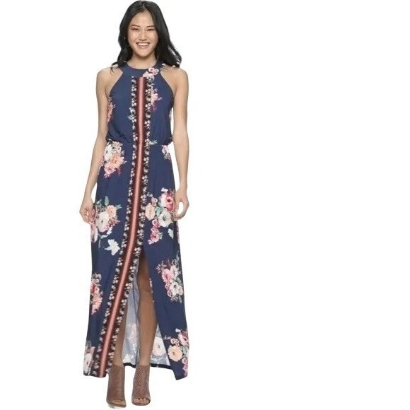 Maxi Vestido Halter Floral Tres Corazones Rosa Azul Marino Frontal Abertura Cerradura Trasera L Foto 1 de 4