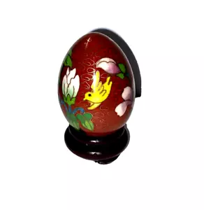Chinesisches Cloisonne Ei mit Holzständer Goldakzente 3" Vogel Floral - Bild 1 von 8